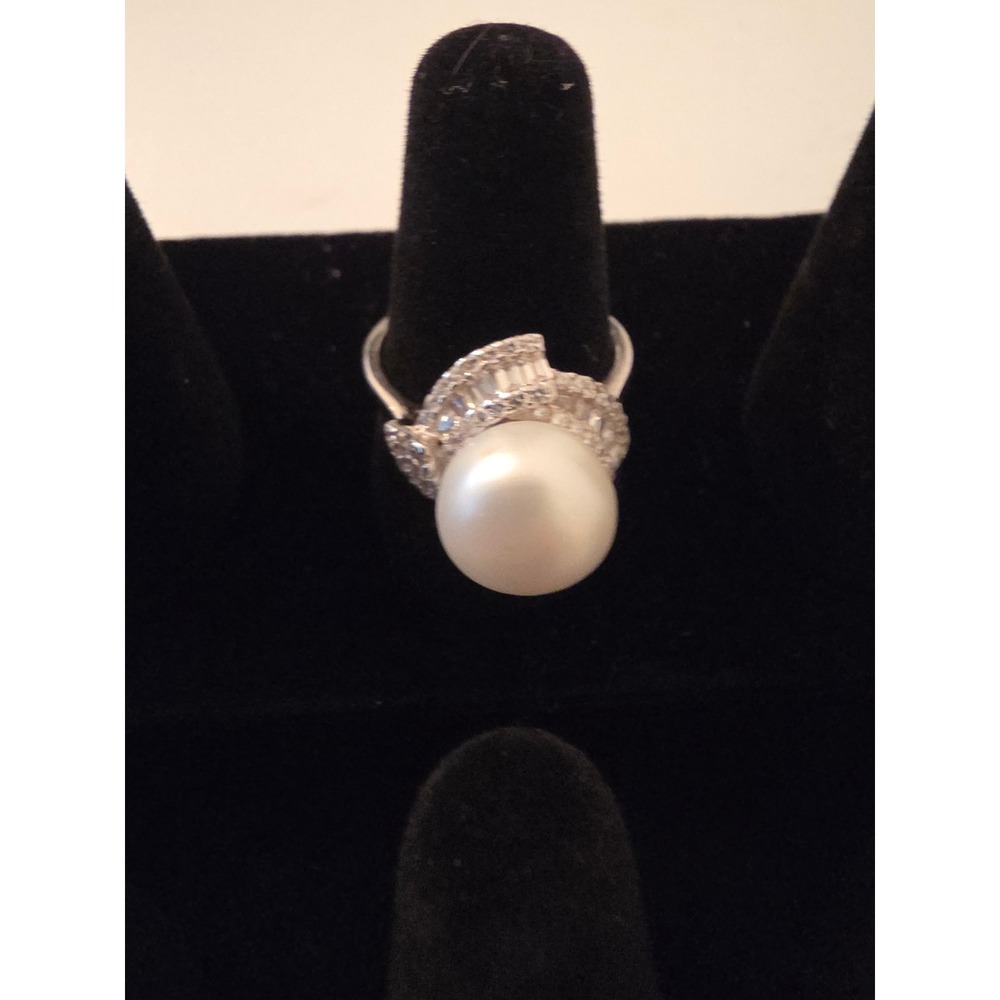 Sterling Silver 925 White Pearl Baguette CZ Bypass Cocktail Ring Size 7.75